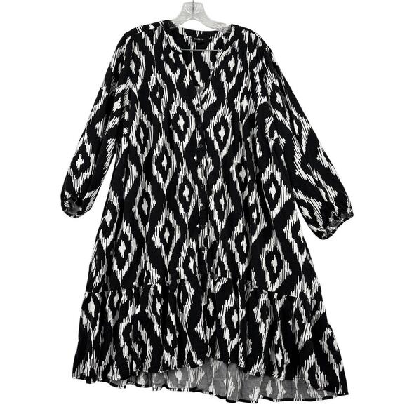 Torrid Shirt Dress Size 3X Black White Ruffle Hem 3/4 Balloon Sleeve Button Down - Picture 1 of 11
